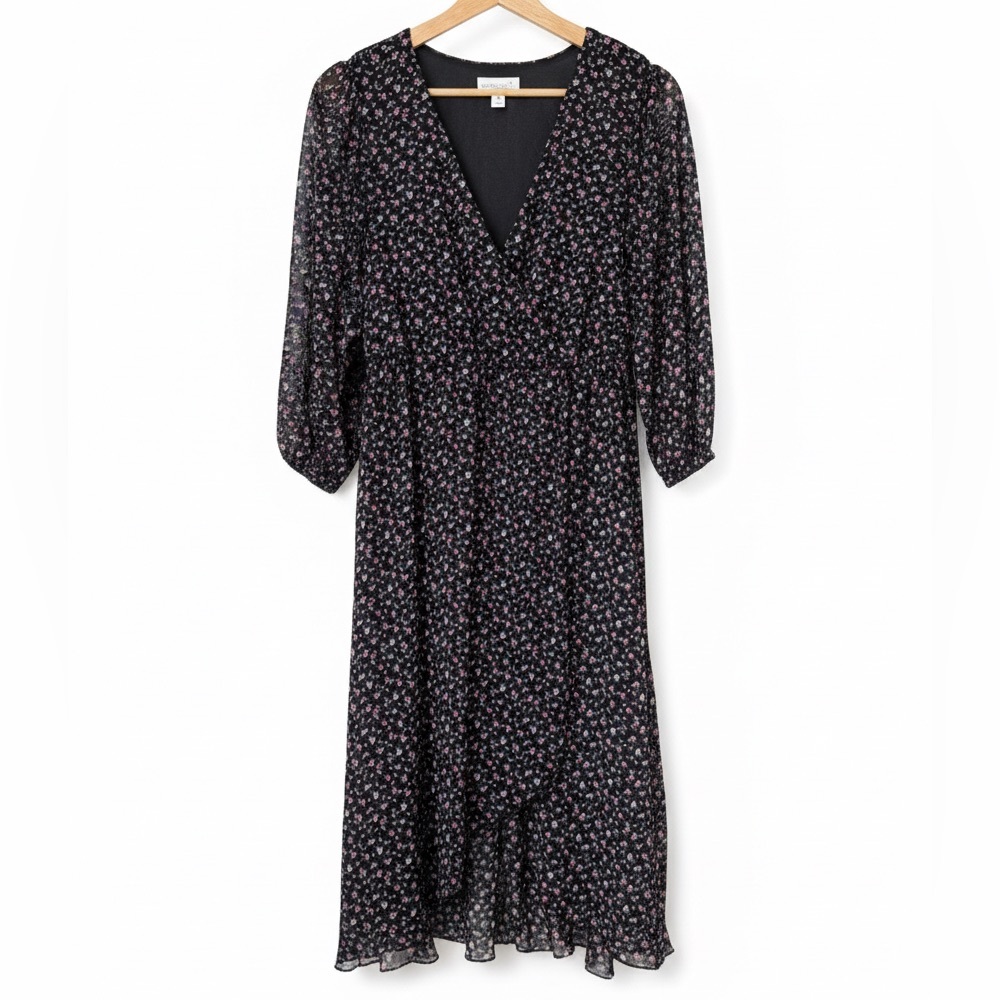 Morgan Taylor Dark Floral Boho Midi Dress Sheer Sleeves Size S Cottagecore Y2K